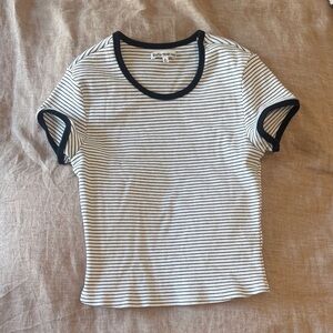 Reformation White Tee with Black Trim and Micro Stripes